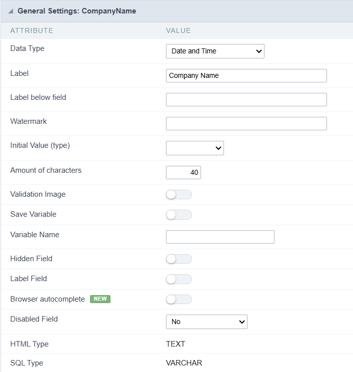 Date and Time field configuration Interface.