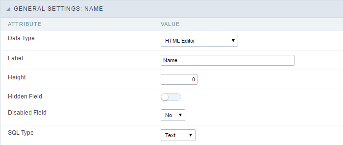 HTML Editor field configuration Interface.