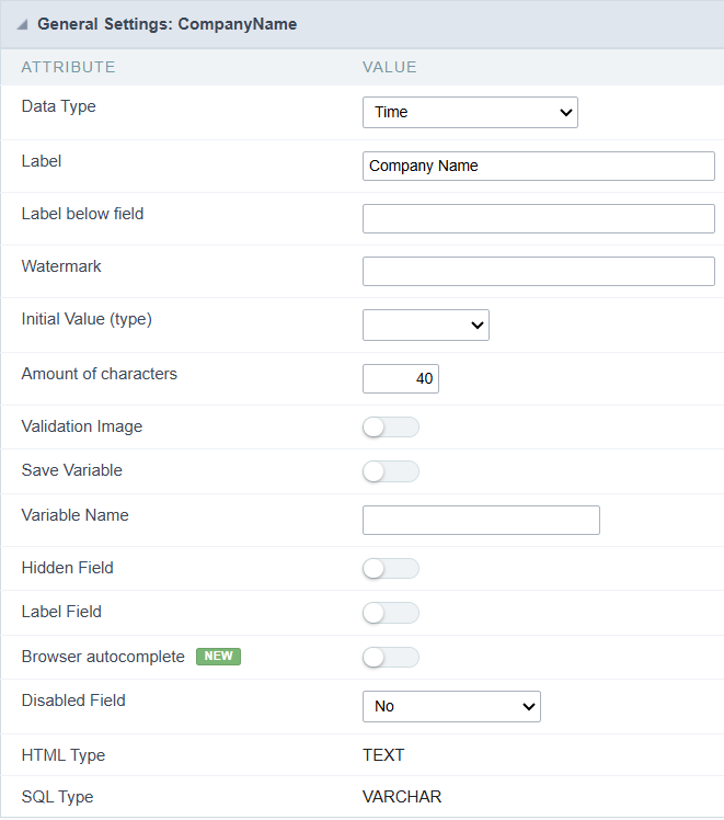 Time field configuration Interface.