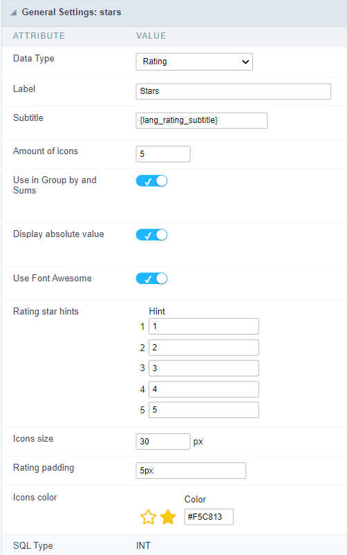 Interface de configuração do campo rating