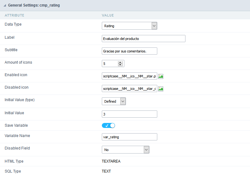 Interface de configuração do campo rating.