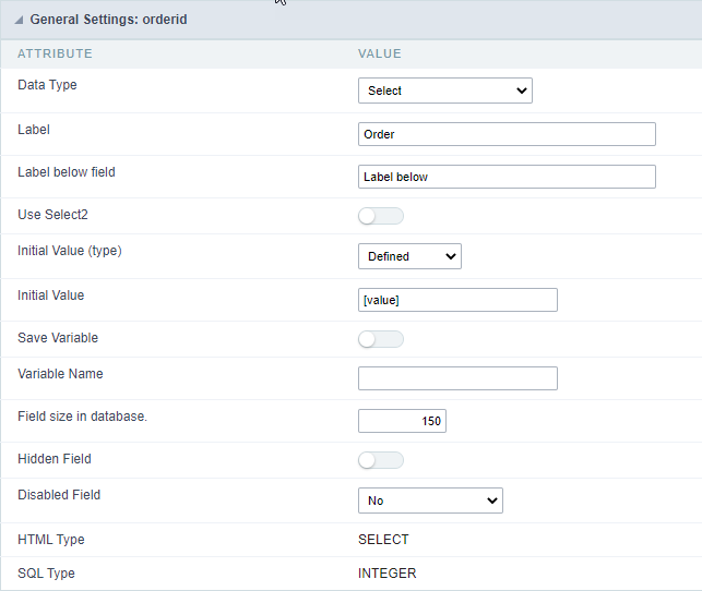 Select field configuration Interface.