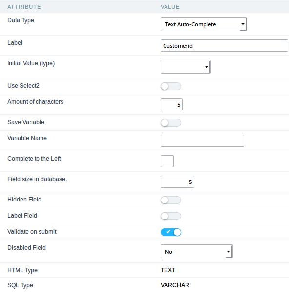 Text auto complete field configuration Interface.