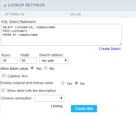 Lookup Settings Display for the field.