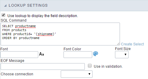 Lookup Settings Display for the field.