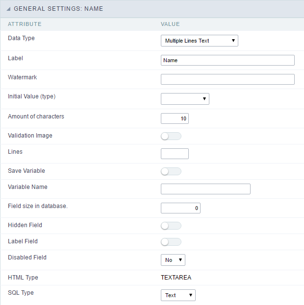 Multiple Lines Text field configuration Interface.