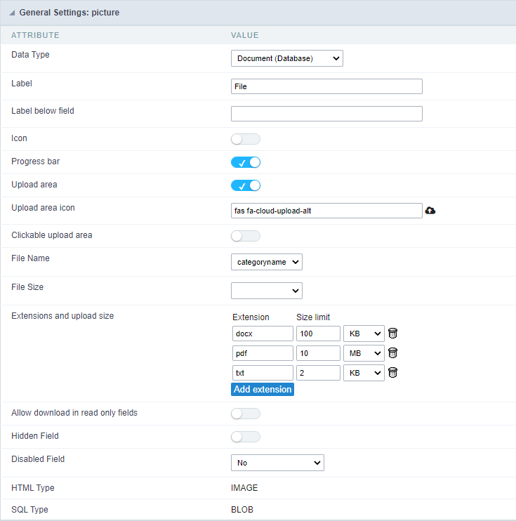 Document (Database) field Configuration Interface.