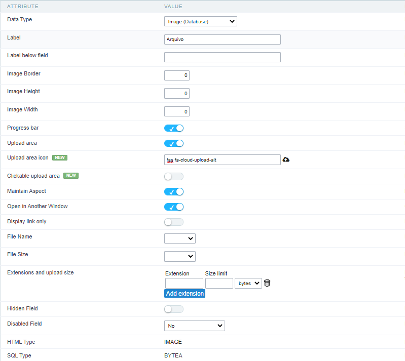 Image (Database) field Configuration Interface.