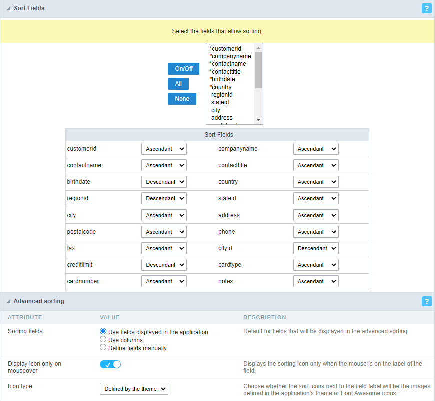 sorting options