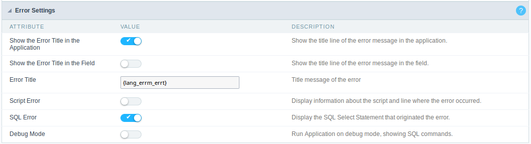 Error Settings Interface.