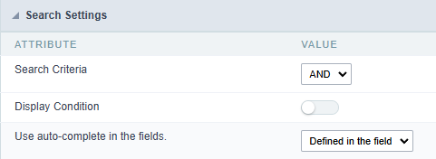 Radio Field Behavior Interface of the Search Configuration.