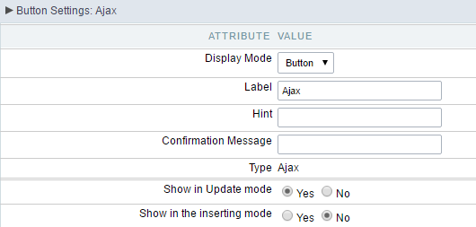 Setting up the Button Display mode for the Ajax button.