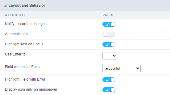 Layout and Behavior configuration Interface.