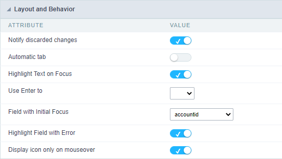 Interface de configuração do formato e comportamento.