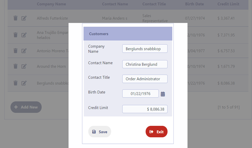 Editable grid view form (modal) - application example.