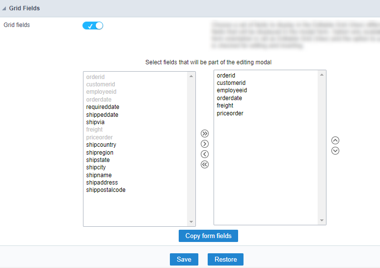 General configuration of query fields positioning in the view editable grid form