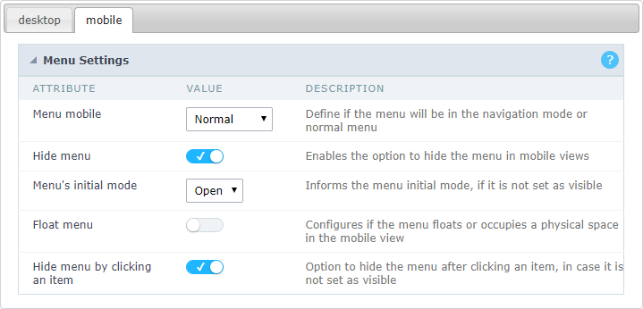 Mobile menu configuration Interface.