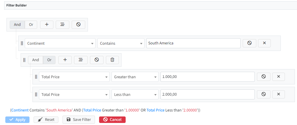 Example of the filter builder interface in the application
