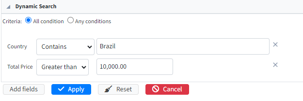 Example of the dynamic filter interface in the application