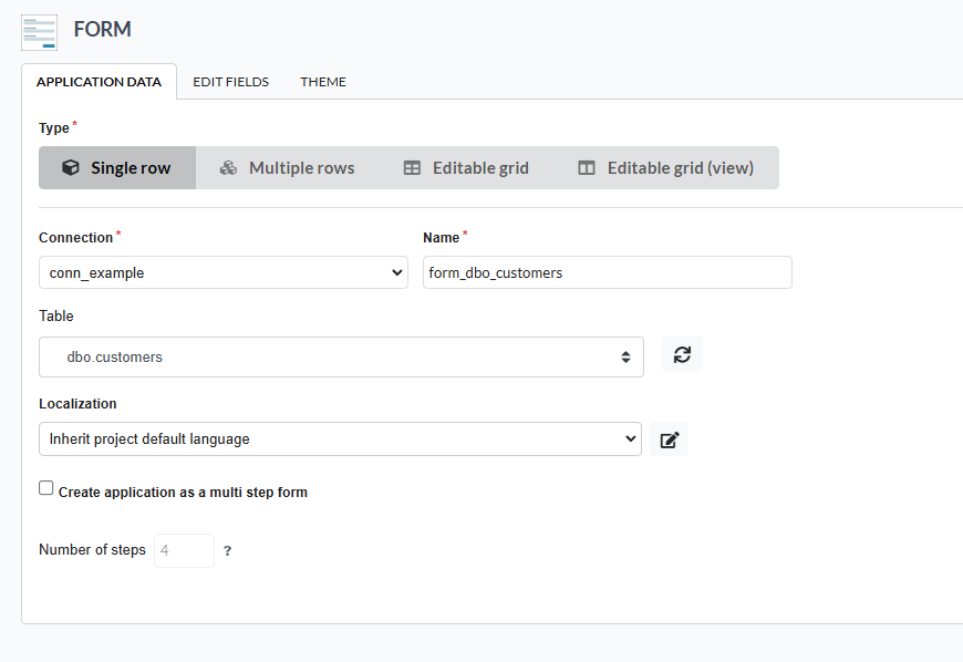 Required fields for creating applications