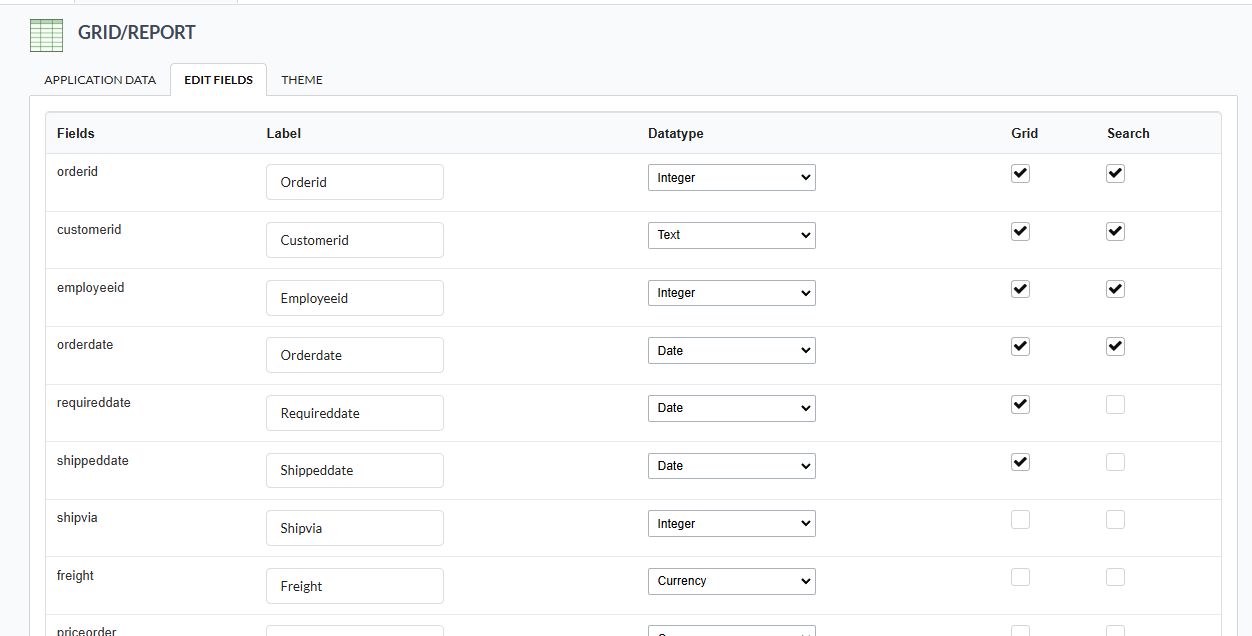 List of fields in the grid creation process
