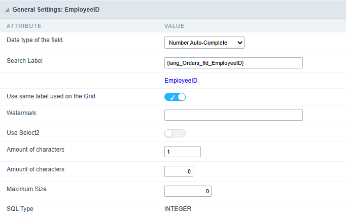Number Auto-Complete Field Behavior Interface of the Search Configuration.