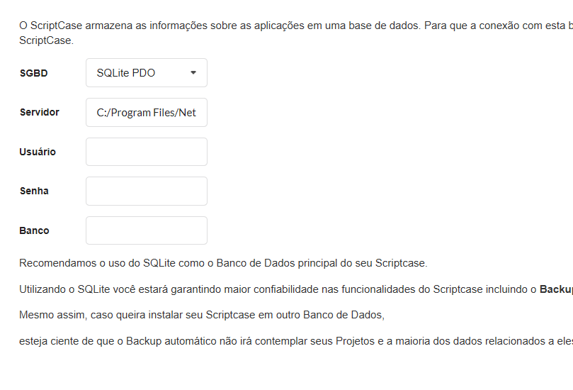 Installation Database Choice Screen