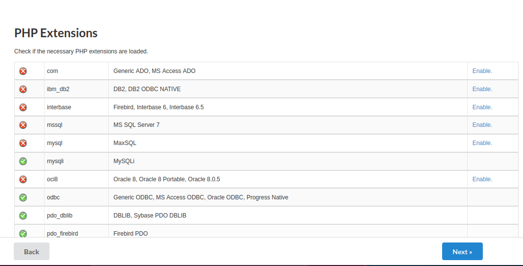 Screen with list of active extensions