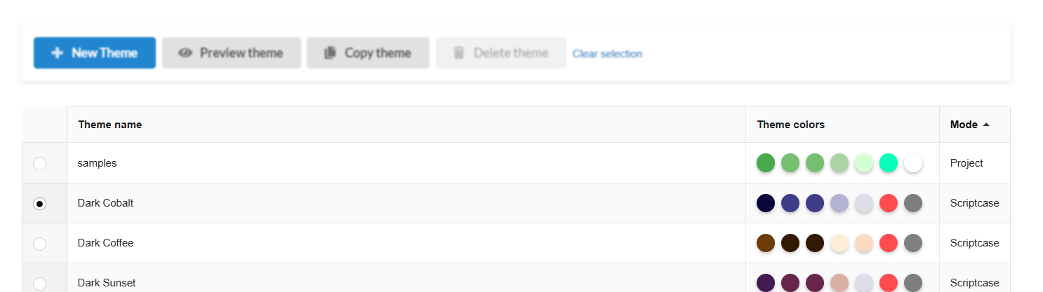 List of menu themes provided by Scriptcase