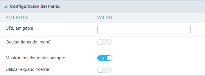 Interfaz de Configuración del Menú.