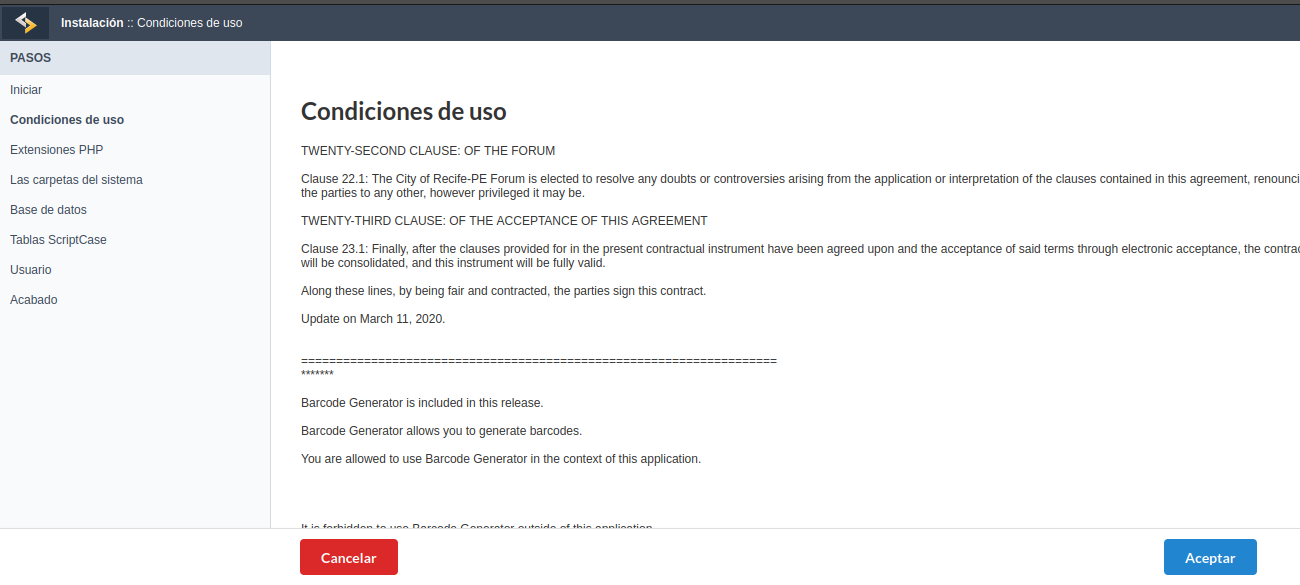 Pantalla condiciones de uso