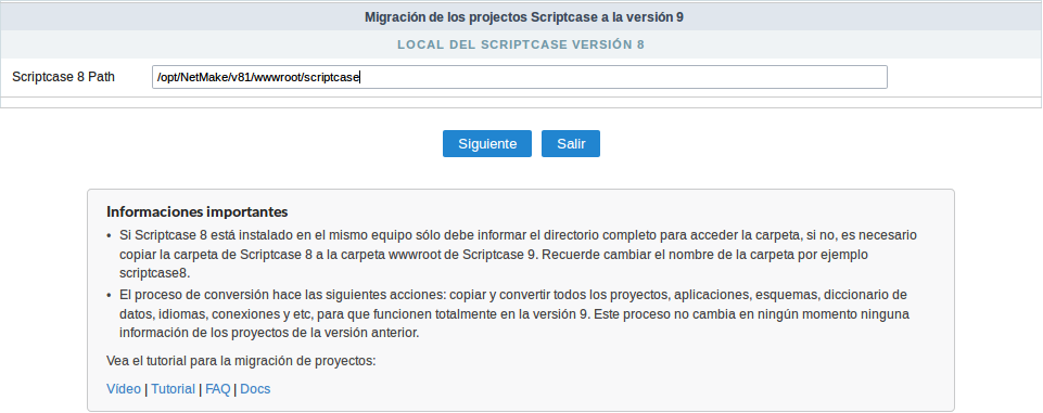 Ruta a la versión previa de Scriptcase