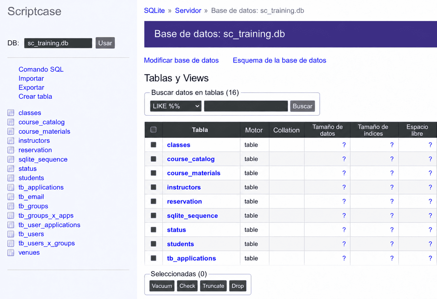Interfaz de Database Builder