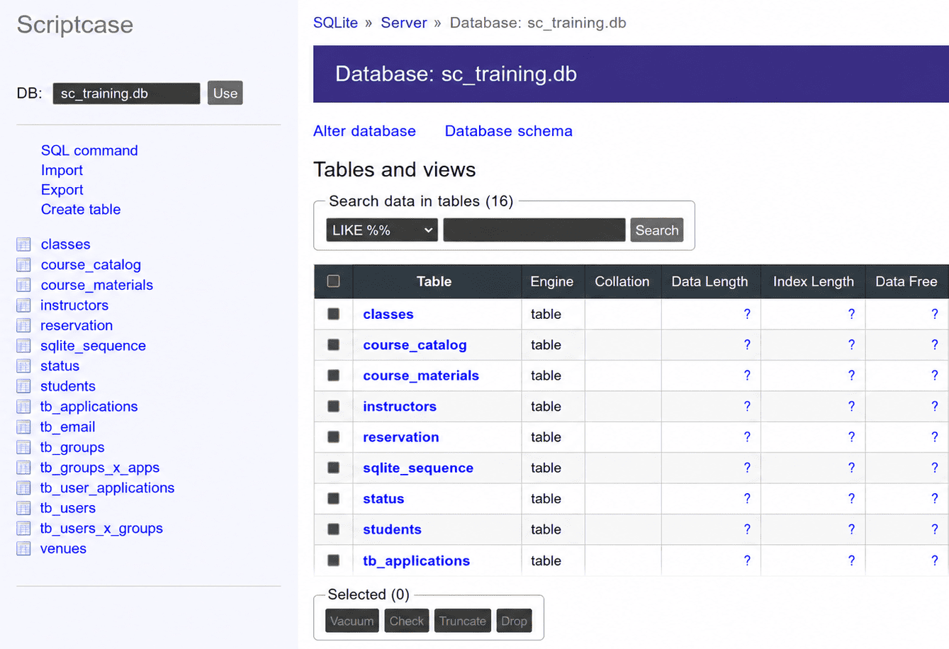 Interfaz de Database Builder