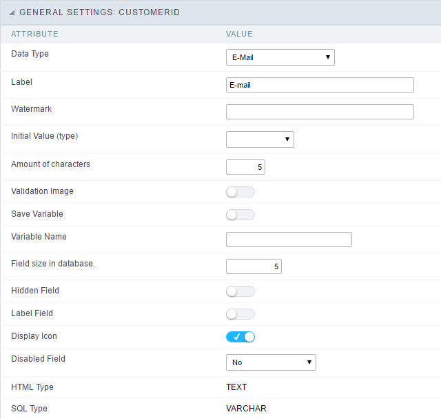 Email field configuration Interface.