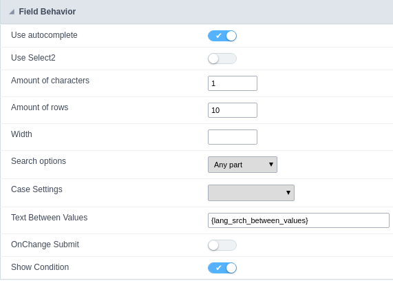 Interface settings of the search field.