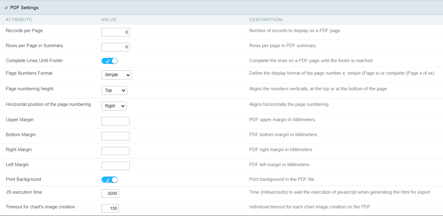 Exemplo na tela de configuração do PDF para o usuário final da aplicação