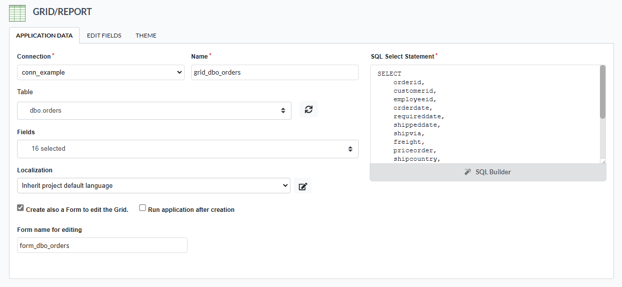 Required fields for creating applications