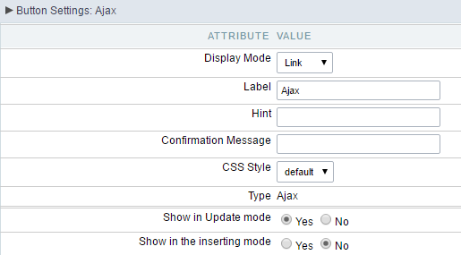 Setting up the Link Display mode for the Ajax button.