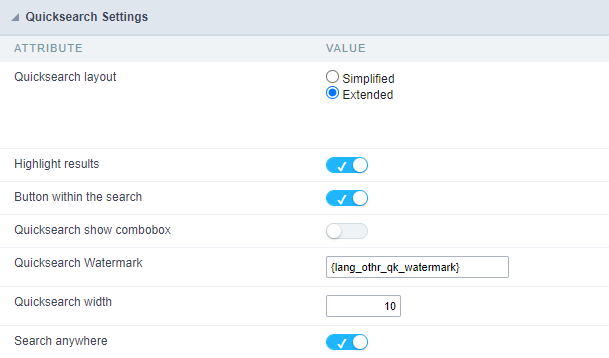 QuickSearch Configuration Interface.