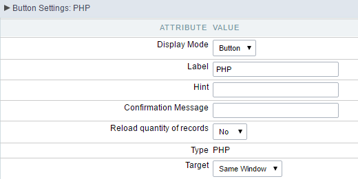 Setting up the Button Display mode for the PHP button.