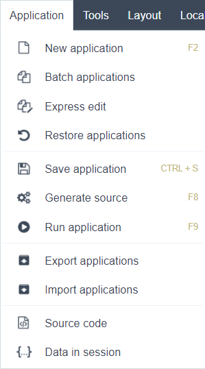 Application menu options list