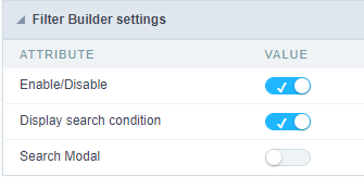 Tela de configurações do contrutor de filtros