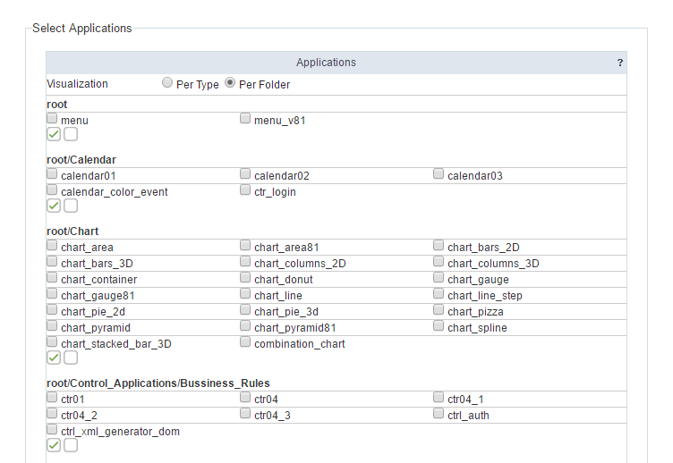 Selection screen of the applications that will be generated