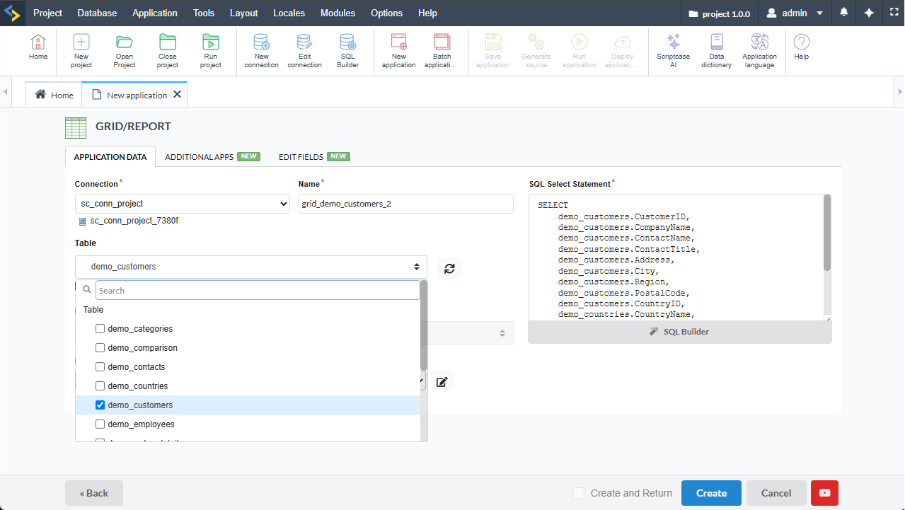 Selecting the main table and enabling the Additional Apps tab in Scriptcase