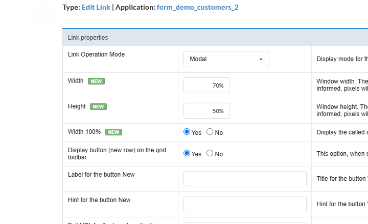Modal link width and height settings in Scriptcase
