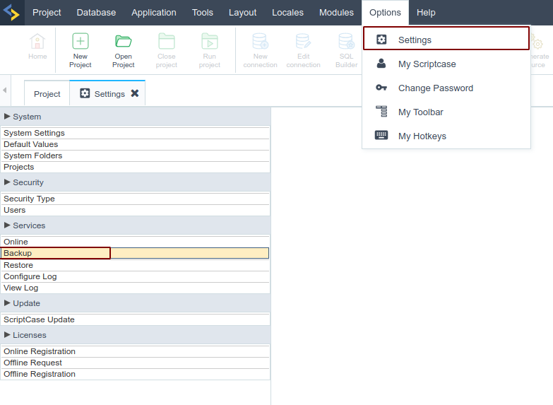 Full backup in Scriptcase (Settings > Administration > Backup)