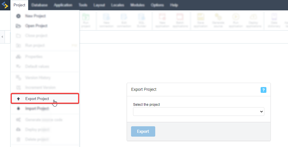 Exporting a project in Scriptcase (Project > Export Project)