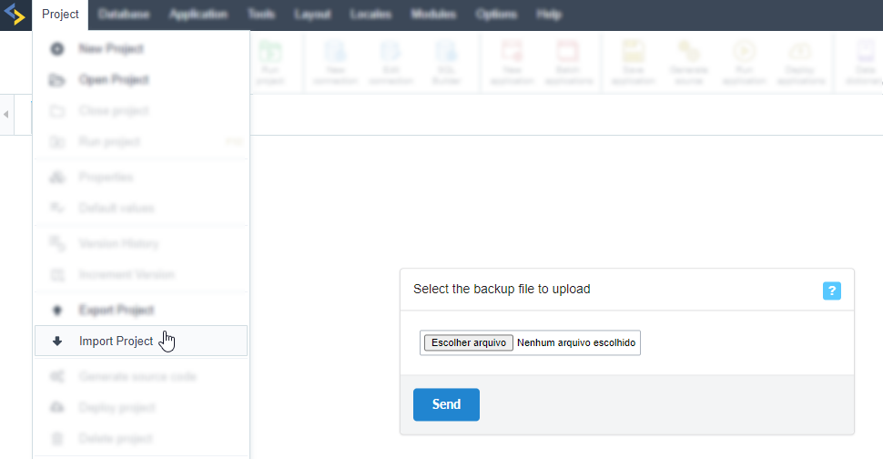 Importing a project in Scriptcase 10 (Project > Import Project)