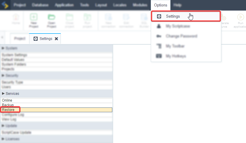 Restoring a backup in Scriptcase 10 (Settings > Services > Restore)